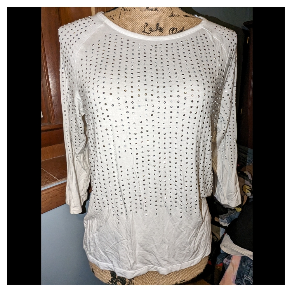 INC White Top Embellished with Rhinestone Dots Size Medium